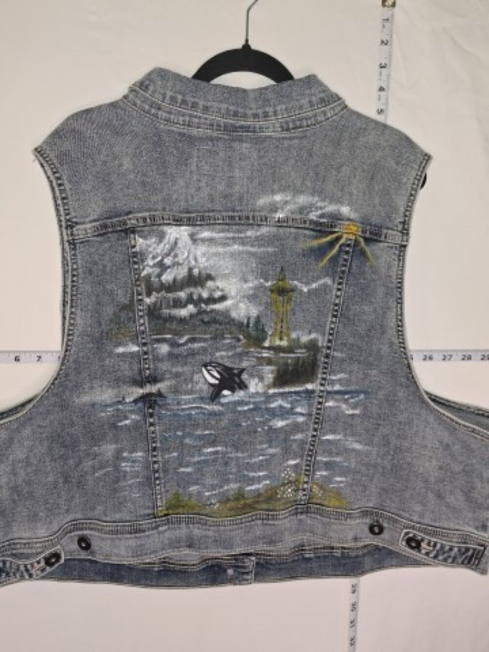 Denim Vest, hand painted, pacific northwest art